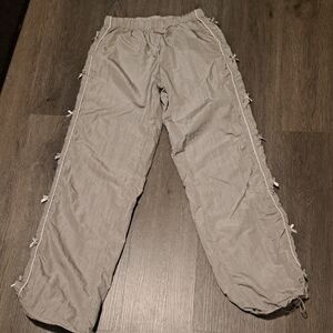 Girls Greenish-grey Drawstring Pants With White Bow Accents